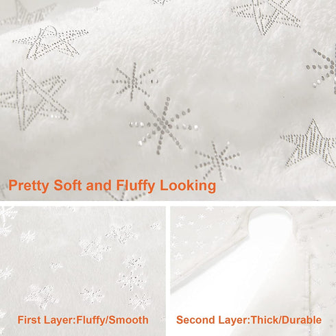 EHEYCIGA Fleece Christmas Tree Skirt White 48 inches with Silver Snowflakes and Stars Stamped Silver, Christmas Tree Blanket for Xmas Tree, Holiday Christmas Tree Decorations
