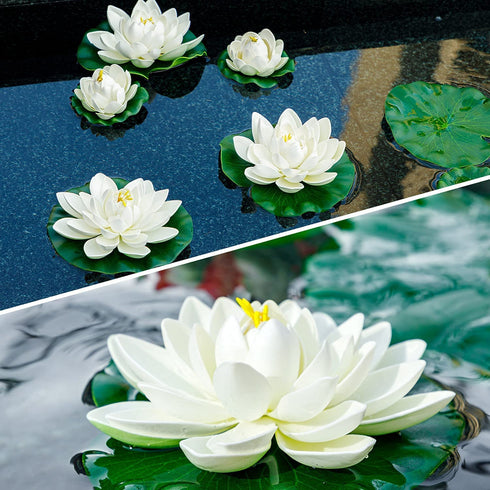8Pcs Artificial Floating Lotus Decor with Lily Pad, Ivory White Plastic Foam Lotus Flowers with Water Lily Pad, Realistic Lotus Flower for Garden Koi Fish Pond Aquarium Pool Wedding Decor