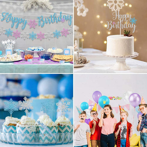Snowflake Birthday Party Decorations with Happy Birthday Snowflake Banner, Cake Toppers, Purple Blue White Snowflake Balloons for Frozen Birthday Party Supplies Winter Wonderland Baby Shower