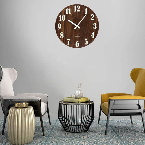 Topkey 12 Inch Luminous Wall Clock Silent Wooden Design Night Lights Round Wall Clock for Living Room and Bedroom (Battery Not Included) - Brown