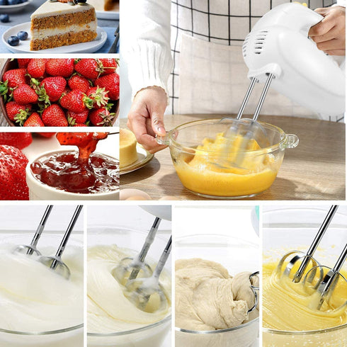 2022 Hand Mixer Electric, 5 Speeds Selection Portable Handheld Kitchen Whisk, Lightweight Powerful Handheld Electric Mixer Stainless Steel Egg Whisk with 2 Beaters & 2 Dough Hooks for Cake, Baking, Cooking