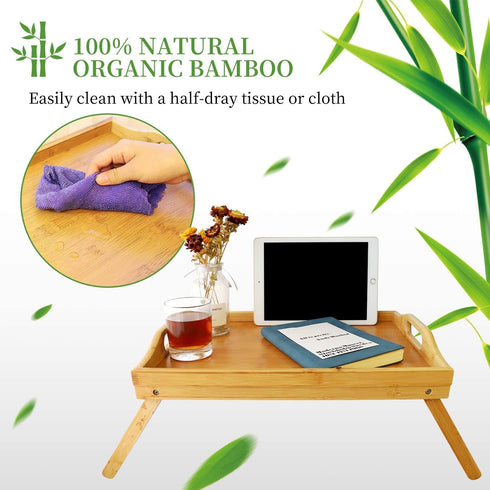 Bamboo Bed Tray,Breakfast Tray with Folding Legs Serving Tray with Carrying Handles Portable Lap Tray Lightweight Decorative Tray Food Tray for Breakfast in Bed,Reading or Working (17.1 Inch)
