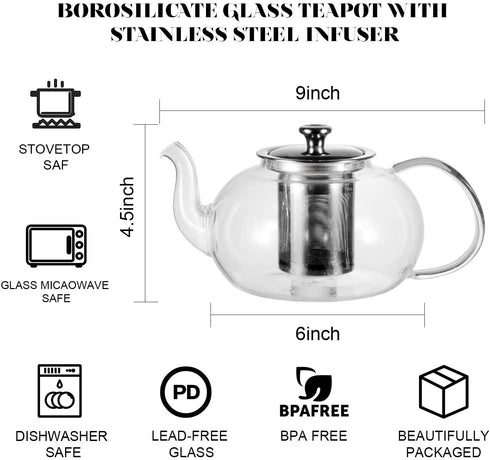 Glass Teapot Kettle, OAMCEG 40 OZ / 1.2 L Teapot with Removable Infuser & Lid & Handle, Glass Tea Kettle Stovetop Safe, Great For Loose Leaf Tea, Blooming Tea, Tea Bags & Fruit Infused Water