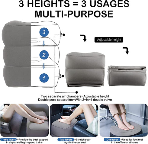 JefDiee Inflatable Travel Foot Rest Pillow, Kids Airplane Bed, Adjustable 3 Layers Height Leg Rest Pillow, Adults Travel Essentials Great for Airplane, Office, Home, Trains, Cars