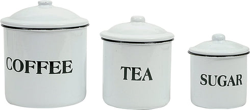 Creative Co-op Metal Containers with Lids, Coffee, Tea, Sugar (Set of 3 Sizes/Designs) Food Storage, White
