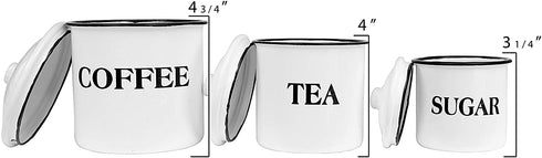 Creative Co-op Metal Containers with Lids, Coffee, Tea, Sugar (Set of 3 Sizes/Designs) Food Storage, White