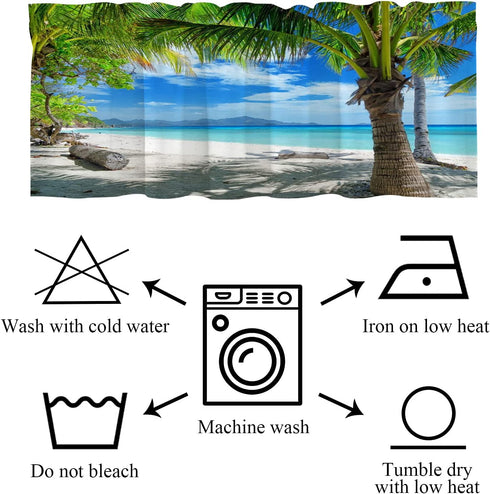 Shrahala Tropical Beach Palm Tree Kitchen Valances Half Window Curtain, Summer Holiday Beach Palm Trees Blue Kitchen Valance for Window Ink Printing Kitchen Valances for Kitchen Decor 52x18 inch