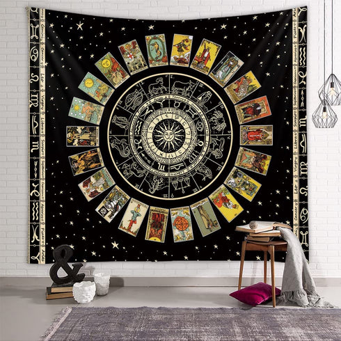 Sun Constellation and Star Tarot Card Tapestry - Bohemian Astrology Tapestries Zodiac Wall Hanging for Home Bedroom Aesthetic Wall Art Decor Black Tapestry