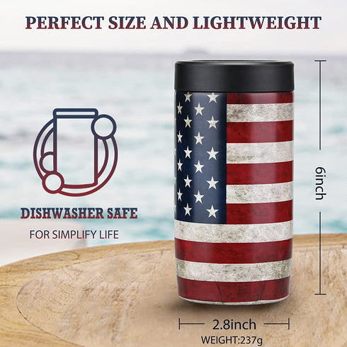 Maxso Slim Can Cooler, 4-in-1 Double Walled Stainless Steel Insulated Beer Can Holder, Works With All 12 Oz Cans,Bottles & As A Pint Cups | America Flag