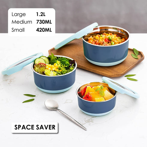 Lille Home Premium Stainless Steel Food Containers/Bento Lunch Box With Anti-Slip Exterior, Set of 3, 420ML, 730ML,1.2L, Leakproof, BPA Free, Portion Control (Blue)