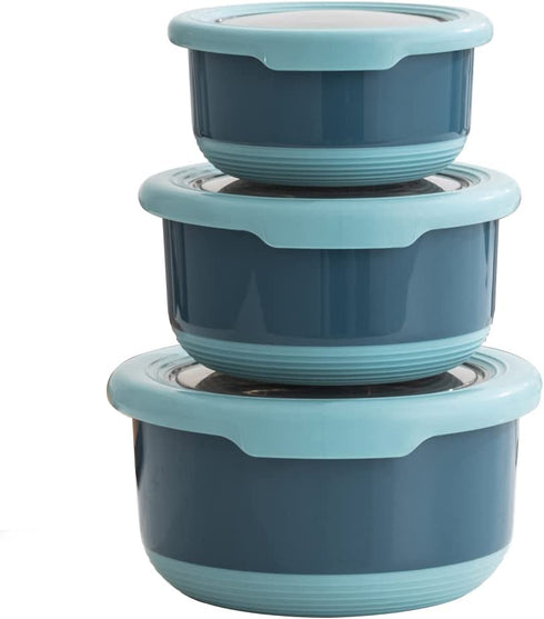 Lille Home Premium Stainless Steel Food Containers/Bento Lunch Box With Anti-Slip Exterior, Set of 3, 420ML, 730ML,1.2L, Leakproof, BPA Free, Portion Control (Blue)