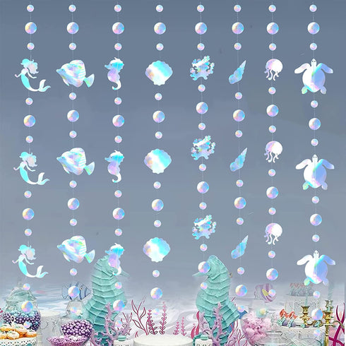 60ft Under the Sea Party Decorations Garland - 8 String Iridescent Mermaid Streamers with Mermaid Jellyfish Shell Conch Hippocampus for Little Mermaid Party Ocean Birthday Baby Shower Decorations
