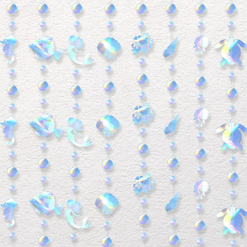 60ft Under the Sea Party Decorations Garland - 8 String Iridescent Mermaid Streamers with Mermaid Jellyfish Shell Conch Hippocampus for Little Mermaid Party Ocean Birthday Baby Shower Decorations