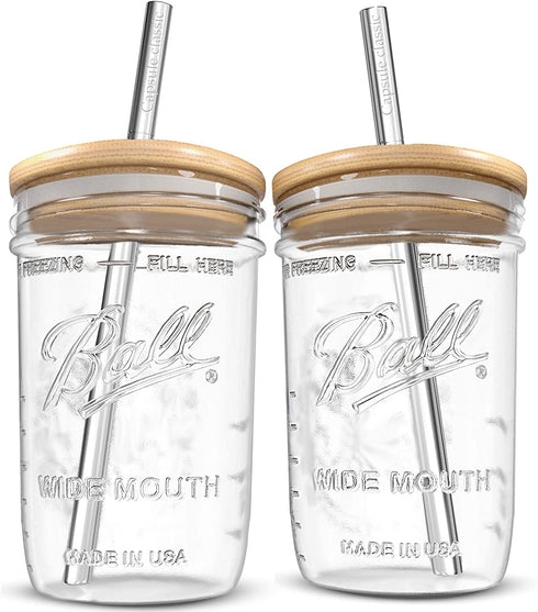Reusable Boba Bubble Tea & Smoothie Cups - 2 Glass Wide Mouth 16oz Ball Mason Jars with Bamboo Lids - 2 Reusable Silver Stainless Steel Boba Straws Brand Capsule Classic