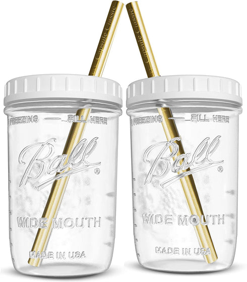 Reusable Wide Mouth Smoothie Cups Boba Tea Cups Bubble Tea Cups with Lids and Gold Straws Ball Mason Jars Glass Cups (2-pack, 16 oz mason jars) Brand Capsule Classic