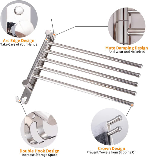 Towel Rack, Towel Bar with 5-Arm Bathroom Towel Shelf Swivel Wall-Mounted Towel Bar Holds for Bathroom, Pool, Kitchen (5 Arms Type)
