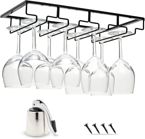 Wine Glass Rack Under Cabinet - 4 Row Iron Stemware Rack With A Steel Wine Stopper - Our Wine Glass Hanger Holds Wine, Brandy, Margarita, Martini Glasses & More - 1 Rack, Black