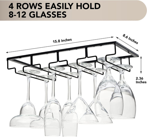 Wine Glass Rack Under Cabinet - 4 Row Iron Stemware Rack With A Steel Wine Stopper - Our Wine Glass Hanger Holds Wine, Brandy, Margarita, Martini Glasses & More - 1 Rack, Black