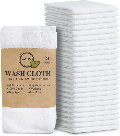Softolle 100% Cotton Ring Spun Wash Cloths Bulk Pack of 24 Pieces Washcloths 12x12 Inches Wash Cloth for Face, Highly Absorbent, Soft and Face Towels (White)