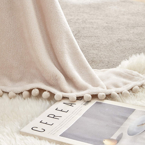 BEAUTEX Fleece Throw Blanket with Pompom Fringe, Beige Flannel Blankets and Throws for Couch, Super Soft Cozy Lightweight Plush Throw Blanket (50" x 60")