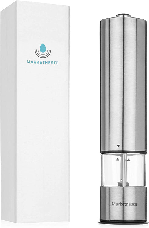 Pepper Grinder with Light - Battery Operated Pepper or Salt Mill - Stainless Steel - Easy Grip - Easy to Use - Sleek Modern Design