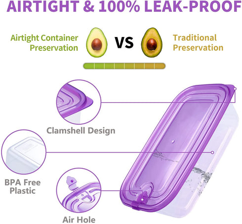 LEXINGWARE ?6 PACK?Plastic Food Storage Containers with Lids Airtight Square Meal Prep Containers, Microwave, Freeze, Dishwasher Safe (Transparent-Purple, 35.5oz-6 Pack)