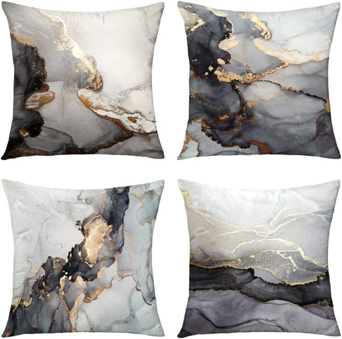 GALMAXS7 Marble Texture Black and Gold Silver Decorative Throw Pillow Covers Luxury Abstract Fluid Art Ink Soft Velvet Pillow Case Square Cushion Covers for Couch Living Room 18 x 18 Inch Set of 4