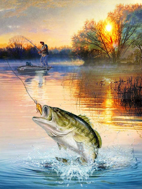 ASHUFAN 5D Fish Diamond Painting Kits for Adults Kids Art Full Drill Fisherman Fishing On The Lake DIY Cross Stitch Craft for Home Wall Decor 12X16 inch