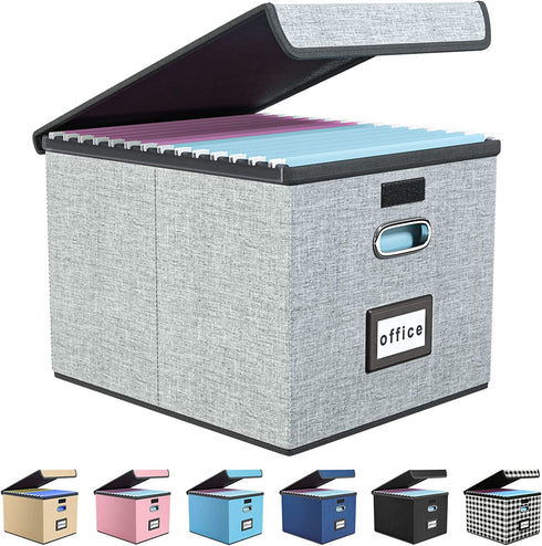 Upgrade Portable File Organizer Box with Lids, Huolewa Collapsible Linen Hanging Filing Storage Boxes with Plastic Slide, Decorative Home/Office Filling System for File and Folders Storage (Gray)