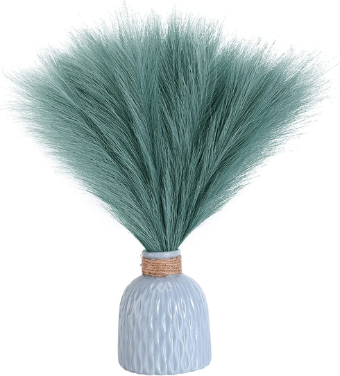 6PCS Artificial Pampas Grass Faux Short Fluffy Pampas Grass Plants Stems Branches for Wedding Home Living Room Decor Flower Arrangement and Vase Fillings(Peacock Green)