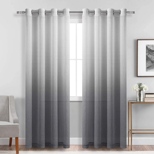 DWCN Ombre Sheer Curtains - Faux Linen Gradient Grommet Top Semi Voile Drapes for Bedroom and Living Room, Set of 2 Window Curtain Panels, 52 x 96 Inches Long, Grey