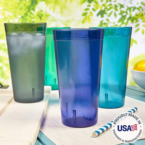 US Acrylic Caf© 32-ounce Plastic Restaurant Style Lightweight Stackable Beverage Tumblers | Reusable, BPA-free, Made in the USA, Top-rack Dishwasher Safe | Iced Tea Cups set of 12 in 4 Coastal Colors
