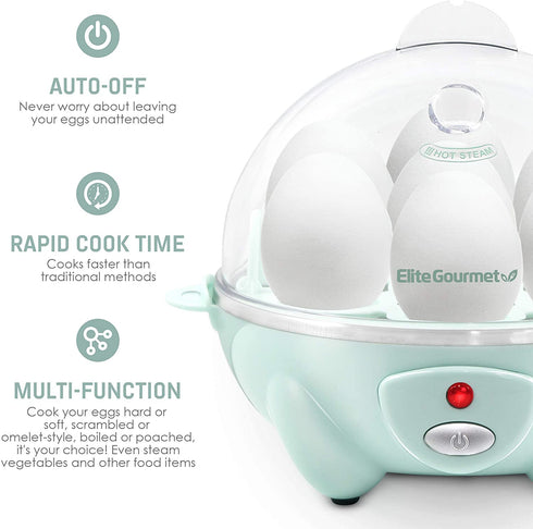 Elite Gourmet EGC007M Rapid Egg Cooker, 7 Easy-To-Peel, Hard, Medium, Soft Boiled Eggs, Poacher, Omelet Maker, Auto Shut-Off, Alarm, 16-Recipe Booklet, BPA-Free, Mint