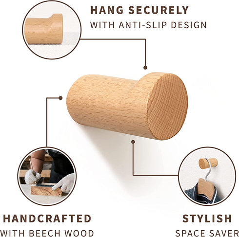 NAUMOO Natural Wooden Wall Hooks - Pack of 4 - Wall Mounted Hook - Modern Wood Coat Rack - Decorative Wooden Pegs for Hanging Hat, Towel, or Purse (Beech Wood)