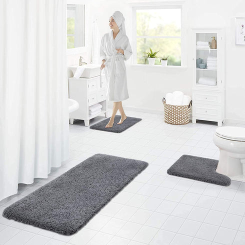 Buganda Microfiber Bathroom Contour Rug (20x24, Grey) Shaggy Soft and Absorbent , Non Slip, Thick Plush, Machine Washable U Shape Toilet Rug for Bathroom