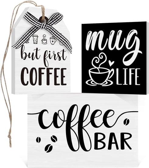 Coffee Bar Tiered Tray Decor Signs Set of 3, 3D Raised Wood Block with Buffalo Plaid Farmhouse Home Kitchen Coffee Decorations for Tray, Coffee Bar, Coffee Station, Shelf, Mantel (Tray Not Included)