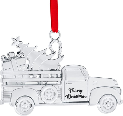 Klikel Christmas Ornament - Shiny Silver Christmas Ornament - Metal Christmas Pickup Truck Ornament for Christmas Tree - Christmas Ornament Engraved Merry Christmas - Silver Ornament with Gift Box