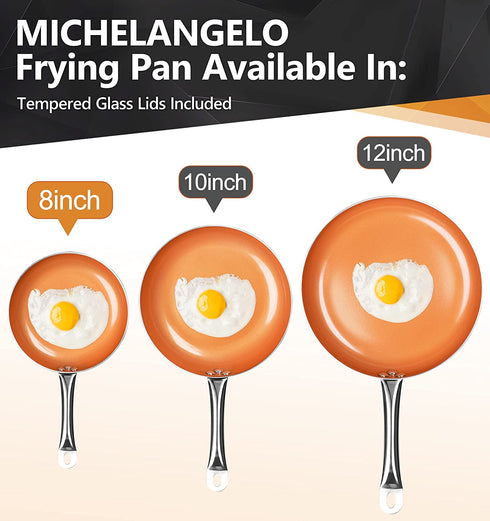 Michelangelo 8 Inch Frying Pan Nonstick, Copper Frying Pan with Lid, Small Frying Pan with Ceramic Coating, Nonstick Frying Pan 8 Inch, Small Copper Skillet, Small Fry Pan - 8 Inch