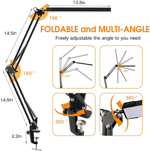 LED Desk Lamp, ENOCH 14W Eye-Caring Metal Swing Arm Desk Lamp with Clamp, 3 Modes, 30 Brightness Dimmable Clamp Desk Light with Memory Function/USB Adapter, Architect Table Desk Lamps for Home Office
