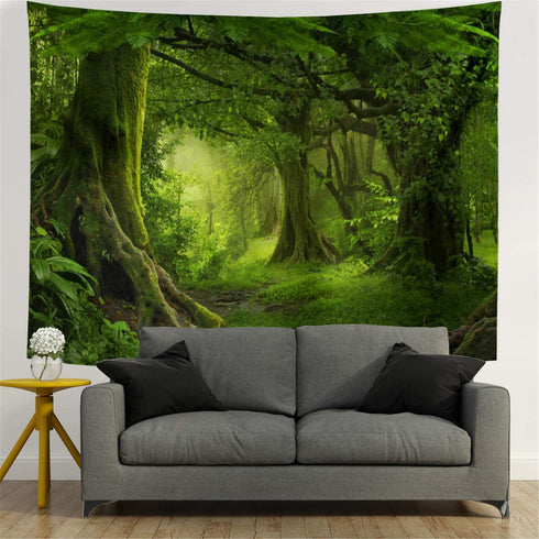 Lahasbja Virgin Forest Tapestry Green Tree in Misty Forest Tapestry Wall Hanging Nature Scenery Wall Tapestry Decor for Living Room Bedroom
