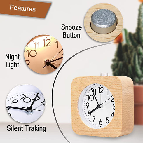 Reynoe 4 Inch Wooden Analog Alarm Clock Battery Operated Non-Ticking with Snooze Button,Night Light,Gentle Wake