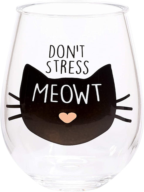 X&O Paper Goods Black Cat 'Don't Stress Meowt' Plastic Stemless Wine Glass, 12 oz., 3.5'' W x 4.5'' H