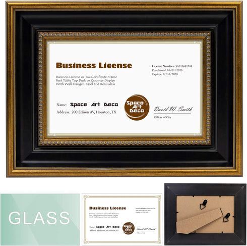 Space Art Deco, 8.5x5.5 Business License Frame, Professionals Certificate Frame, Tempered Glass Wall Hangers or Easel Stand Display (Ornate Gold/Black)