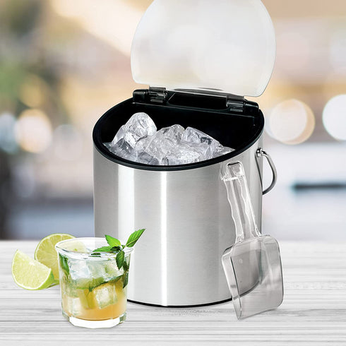 Oggi Stainless Steel Ice and Wine Bucket with Flip Top Lid and Ice Scoop, Holds 2 Bottles