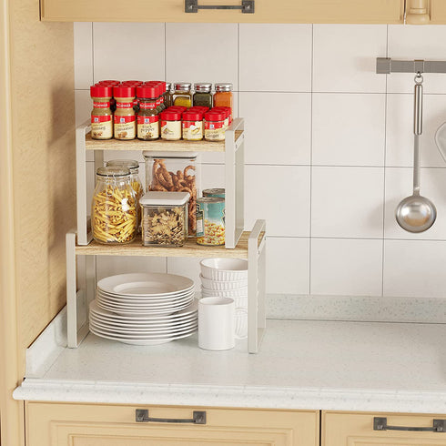 Cabinet Pantry Shelf Riser, Countertop Organizer, Heavy Duty Metal + Wood, Cupboard Stand Spice Rack, Under Sink Shelf, 13" L x 8.1" W x 9.6" H, White