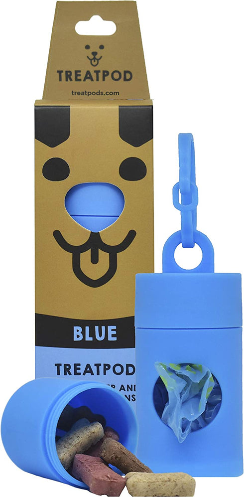 TreatPod Leash Treat Holder and Poop Bag Dispenser (Blue) - 2 in 1 Dog Waste Bag Dispenser and Treat Container, Includes 15 Eco Friendly Extra Strength Bags