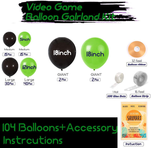 Video Game Balloon Garland & Arch Kit, 108Pcs Black Green Latex Balloons, 12inch 18inch Giant Balloons 16Ft Balloon Strip for Gaming Party Gamer Fan Birthday Decorations