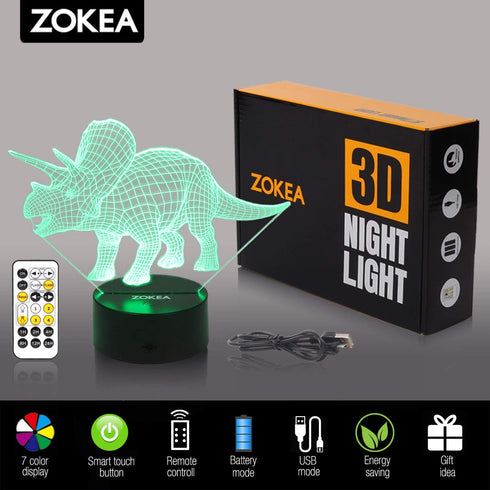 ZOKEA Night Lights for Kids Dinosaur 3D Night Light Bedside Lamp 7 Colors Changing with Remote Control Best Birthday Gifts for Boys Girls Kids Baby (Dinosaur Triceratops)¡