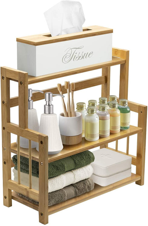 Sorbus Kitchen Countertop Organizer Bamboo Wooden Counter Storage Shelf Rack for Spice, Soap, Skin care, Makeup Display Stand, Bathroom Shelves, Vanity, Office (3-Tier)