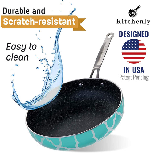 Kitchenly Nonstick Frying Pans with Lids - Granite Frying Pans with Stone Coating | Nonstick Skillet Cooking Pan Set | Electric, Gas, & Induction Compatible | 9.5 & 11 inch Pans | Turquoise - 2 Pack